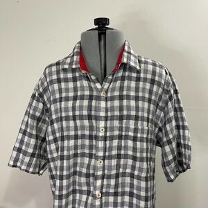 Linen Club Studio 100% Linen Blue White Plaid Button Up Shirt Size 39cm Small